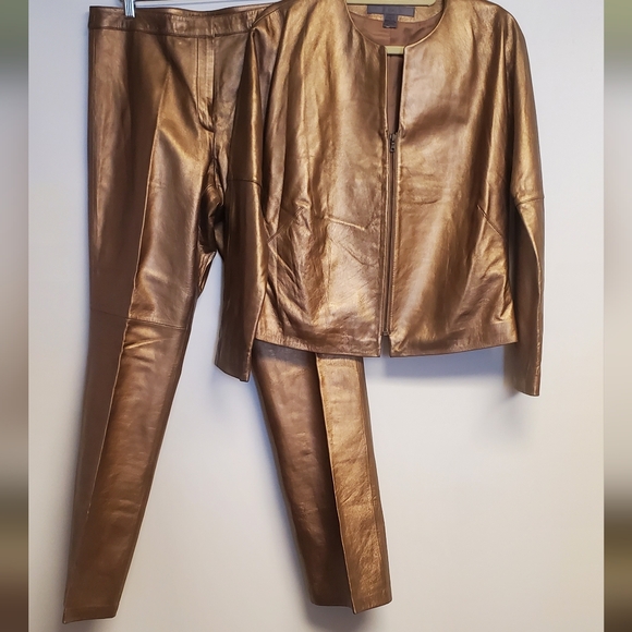 Vintage 5|48 Copper Metallic Leather Jacket and Pant 2 Pice Set Size 12 - Picture 2 of 9